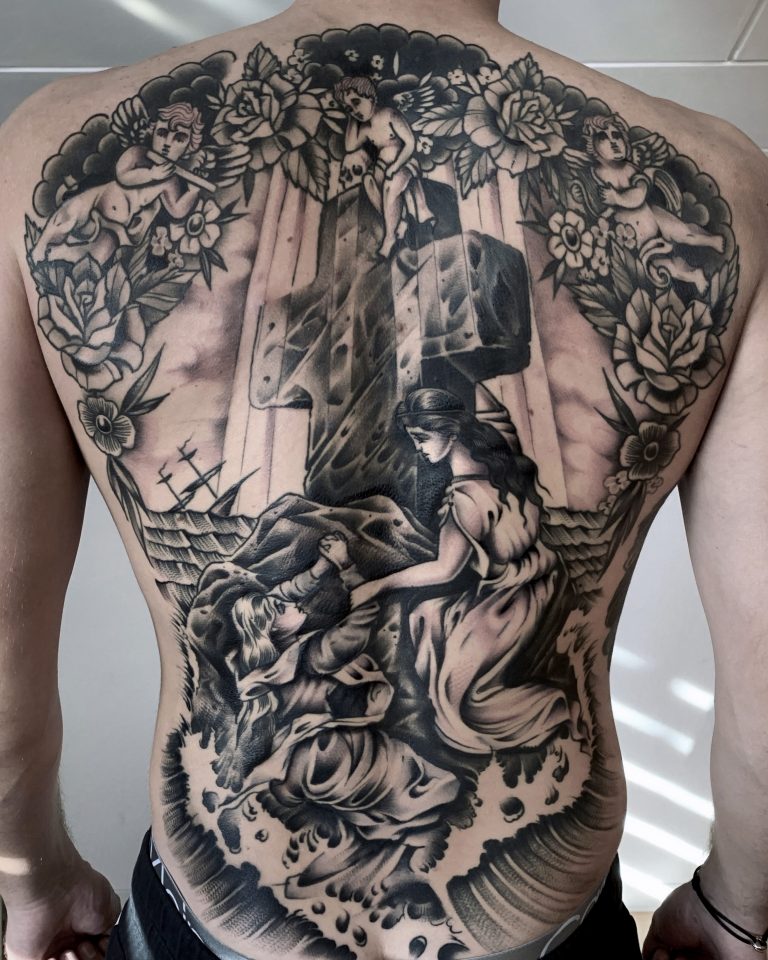 Rock of Ages Full Back Tattoo